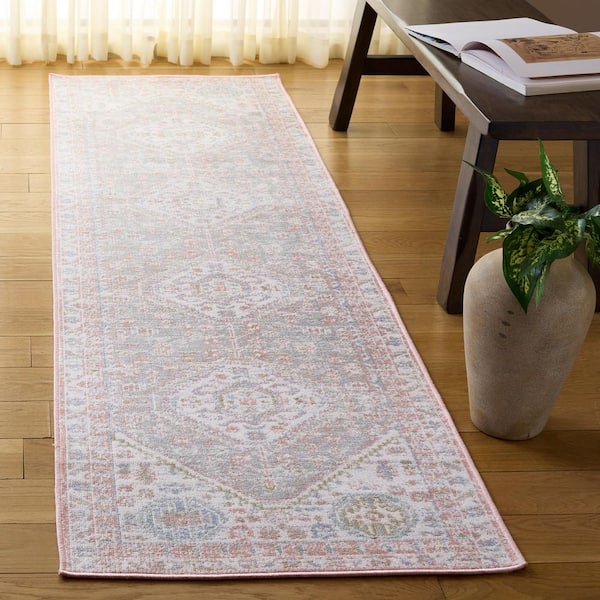 Bayside Ivory/Blue Pink 2 ft. x 12 ft. Machine Washable Traditional Medallion Runner Rug