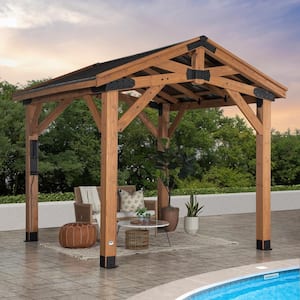 Norwood 10 ft. x 10 ft. All Cedar Wood Outdoor Gazebo Structure with Hard Top Steel Metal Peak Roof and Electric, Brown