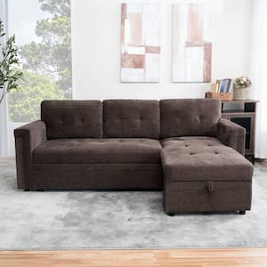 54 in. Reversible Sleeper Microfiber Rolled Arm Sectional Sofa with Storage and USB Ports in Espresso