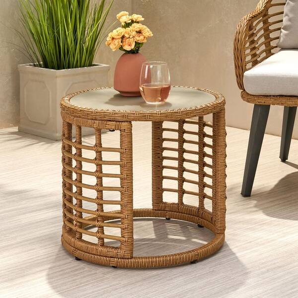 maocao hoom Rattan Round Side Table, Light Brown CXY-27.00