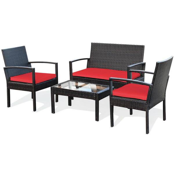 AURO Brisbane Outdoor Furniture Garden All-Weather Grey Wicker Deluxe Chat Set with 2 Blue Olefin Cushioned Chairs & Loveseat Pool 4 Piece Rattan Patio Conversation Set Porch Backyard 