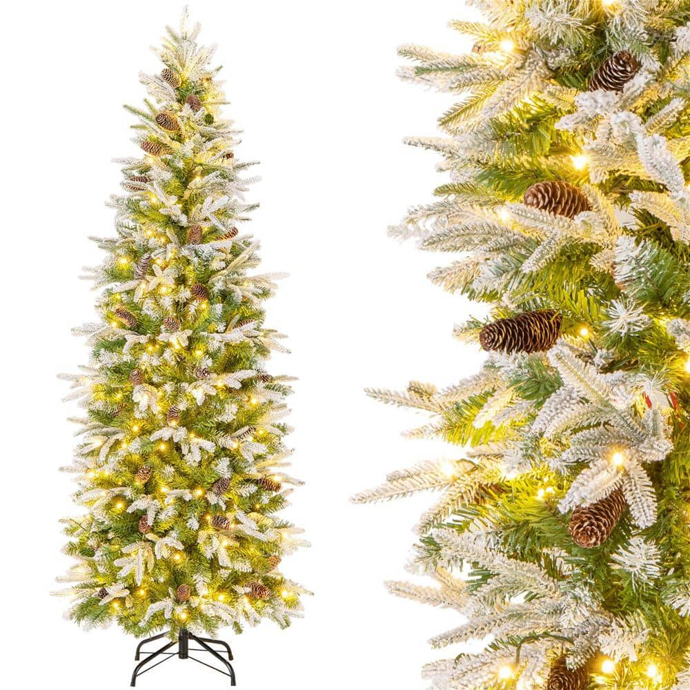 Costway 6 ft. Green Prelit LED Flocked Pencil Classic Artificial Christmas Tree with 280 Warm Whites Lights Decorated