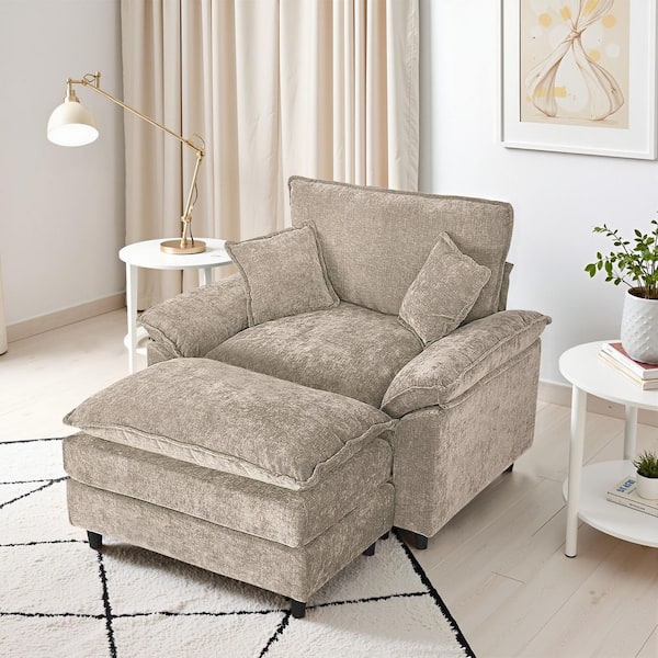 Oversized Camel Chenille Soft Single Sofa Accent Chair with Ottoman and 2-Small Pillows for Bedroom and Living Room