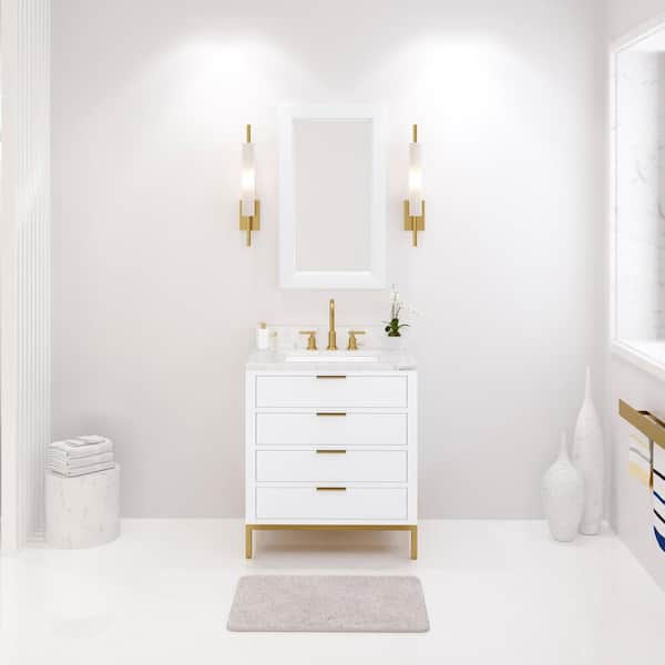 Water Creation Bristol 30 in. W x 21.5 in. D Vanity in Pure White with Marble Top in White with White Basin and Grooseneck Faucet