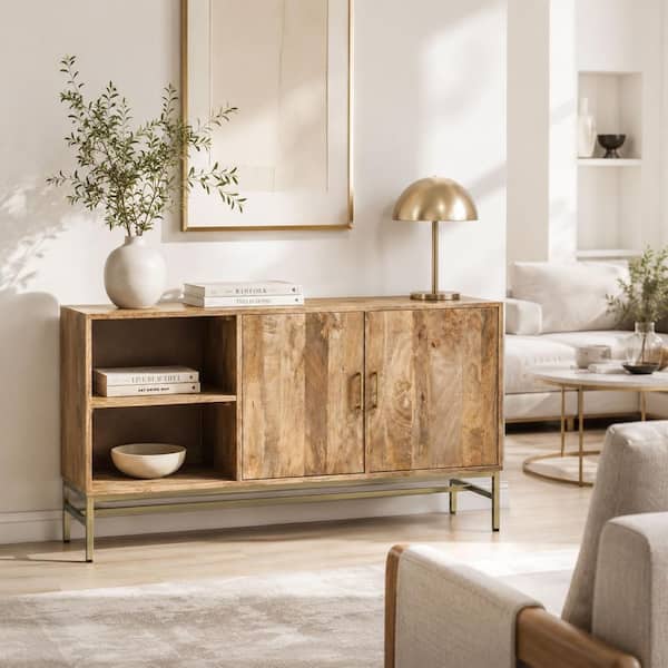 Lysa Natural Brown and Gold Wood Sideboard Buffet Cabinet with Open Shelves and Iron Base