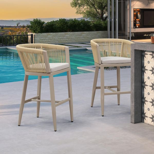 Modern Wicker Bar Height Outdoor Bar Stools with Beige Cushions for Outdoor or Indoor Kitchen Backyard,Champagne(2 pack)