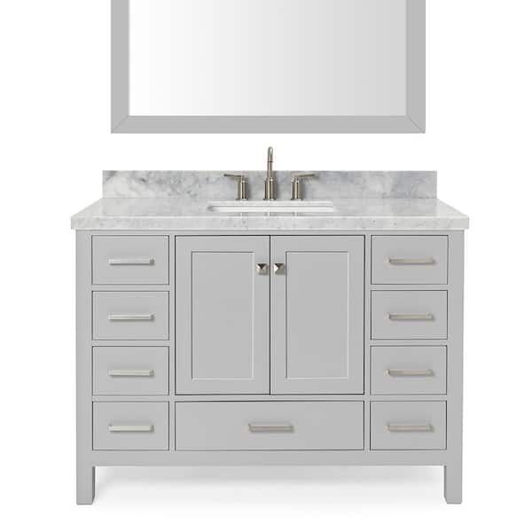 ARIEL Cambridge 49 in. Bath Vanity in Grey with Marble Vanity Top in Carrara White with White Basins and Mirror