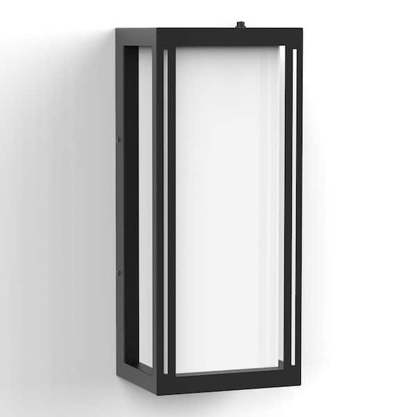Montpelier 20.5 in. Black Modern Dusk to Dawn Outdoor Integrated LED Hardwired Lantern Sconce with White Shade
