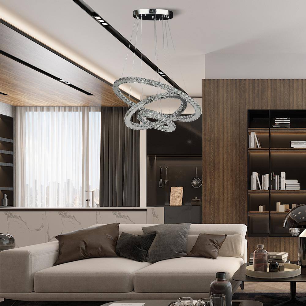 Medium Triple Hoop Crystal LED Chandelier with Remote Control