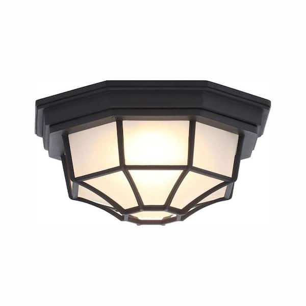 Hampton Bay 10.5 in. 1 Light Black Weather Resistant Integrated LED Outdoor Ceiling Light Flush Mount with Frosted Glass Shade