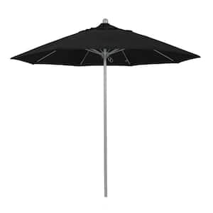 9 ft. Gray Woodgrain Aluminum Commercial Market Patio Umbrella Fiberglass Ribs and Push Lift in Black Sunbrella