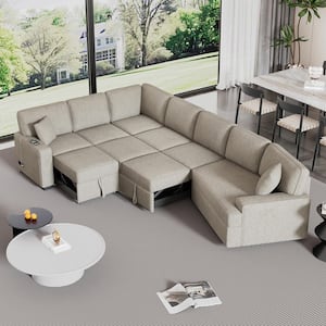 126 in. L-shaped Chenille Conversible Sectional Sofa in Beige with Cup Holders, Pull-out Sofa Bed, Charging Station