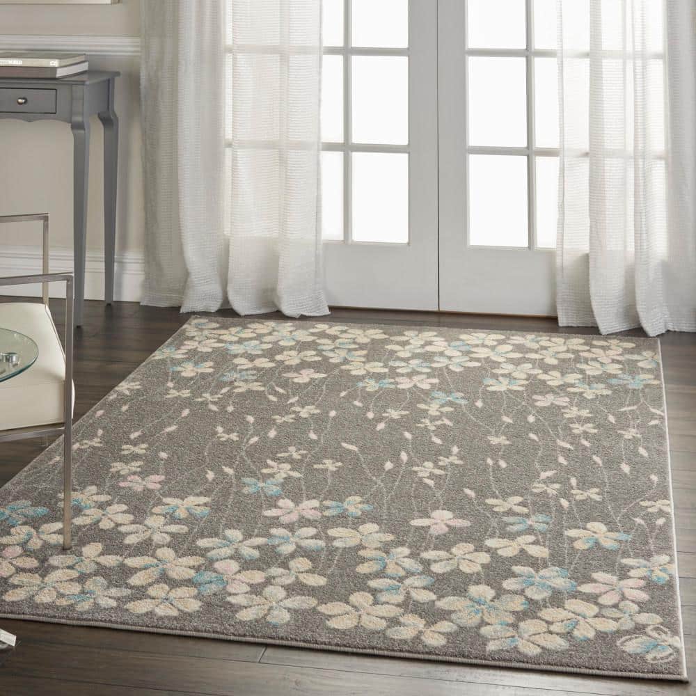 Elysian Blooms Easy-Care Grey/Beige Floral Area Rug 5' x 7'