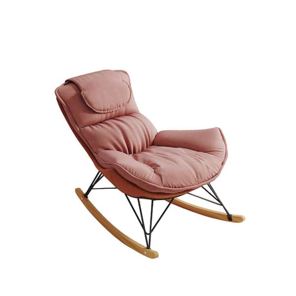 Tenleaf Brown Wood Outdoor Rocking Chair with Pink Cushions