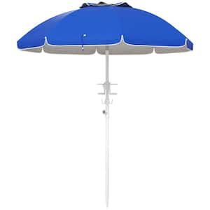 5.7 ft. Polyester Beach Umbrella in Blue with Tilt, Adjustable Height, 2-Cup Holders and Hooks for Beach