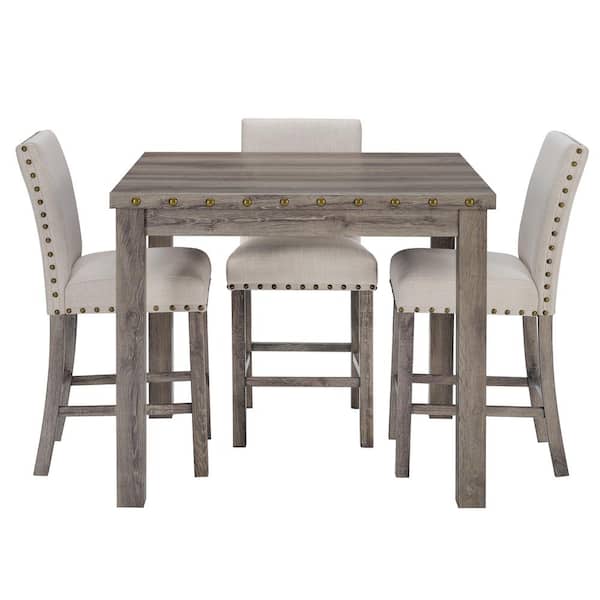 Vintage 5-Piece Rural Log Wood Counter Height Dining Room Set Square Table Cushioned Chair
