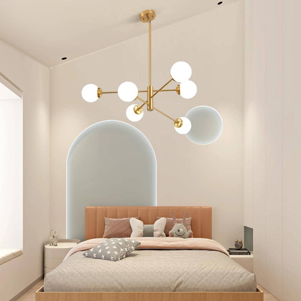 Gold Sputnik 6-Light Chandelier with White Glass Shades