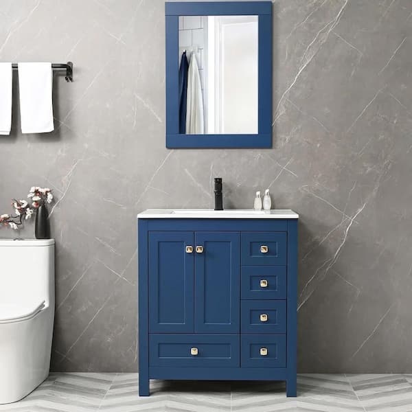 eclife 30 in. W x 18.3 in. D x 34 in. H Single Sink Bath Vanity in Blue with White Ceramic Top and Drain Faucet Set