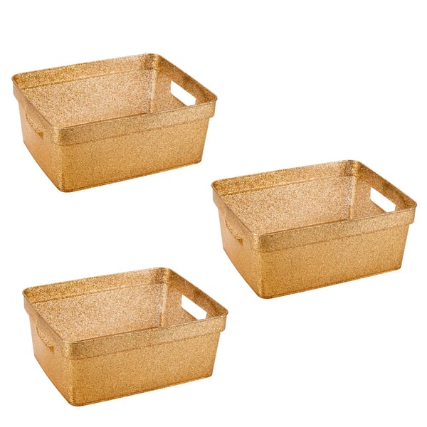 SIMPLIFY 4.13 in. H x 10.04 in. W 3 Pack Small Glitter Tote Closet Drawer Organizer in Gold