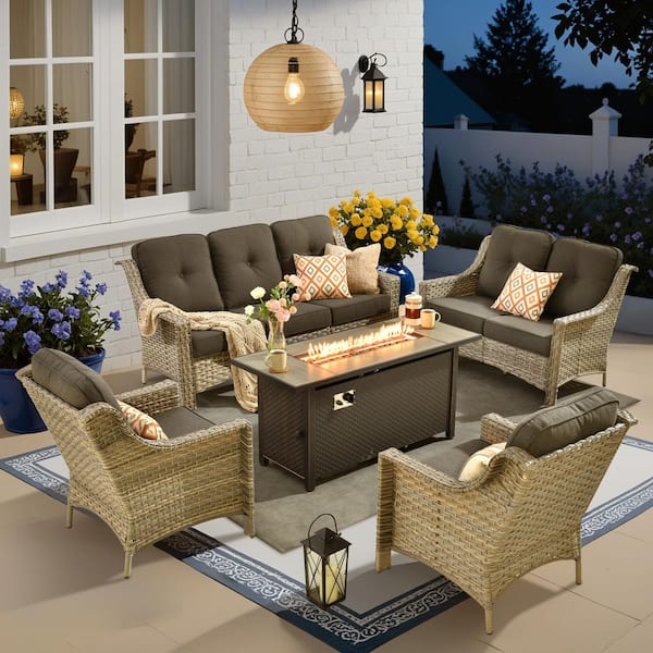 Eureka 5-Piece Wicker Outdoor Fire Pit Patio Conversation Sofa Seating Set with Black Cushions