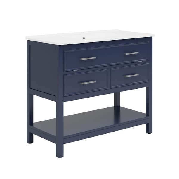 FORCLOVER 36 in. Freestanding Blue Bath Vanity with White Ceramic
