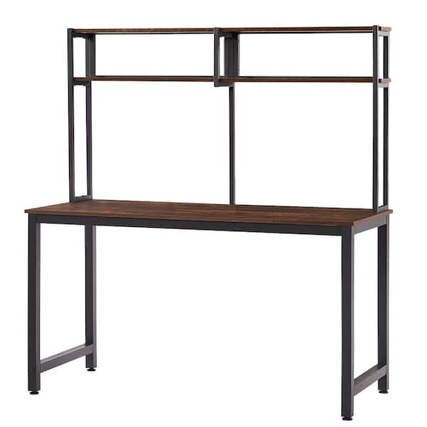 VERYKE 52.3 in. Rectangle Brown MDF Modern PC Workstation Computer Desk Laptop Table with Hutch and Shelves