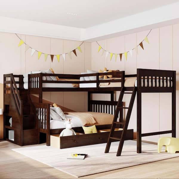 Espresso Twin over Full L-Shaped Bunk Bed with 3 Drawers, Ladder and Staircase
