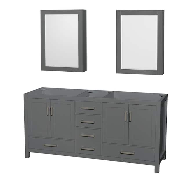 Wyndham Collection Sheffield 70.75 in. W x 21.5 in. D x 34.25 in. H Double Bath Vanity Cabinet without Top in Dark Gray with MC Mirrors