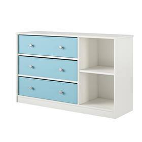 White and Light Blue Nursery Dresser with Fabric Bins