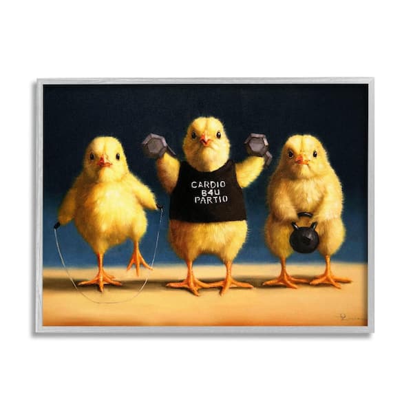 Funny Exercise Workout Chicks Animals by Lucia Heffernan 1-Piece Gray Framed Animal Giclee Art Print 30 in. x 24 in.