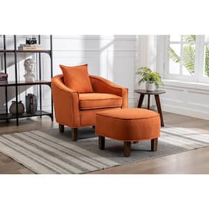 Modern Upholstered Comfy Orange Linen Fabric Accent Chair with Ottoman Set