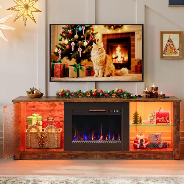 63 in. Freestanding Electric Fireplace TV Stand Media Console Fits TV'​s Up to 70 in. with Cabinet in Rustic Brown