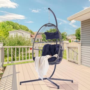 Patio Swing Egg Chair Folding Hanging Chair with Pillow and Stand, Navy Blue