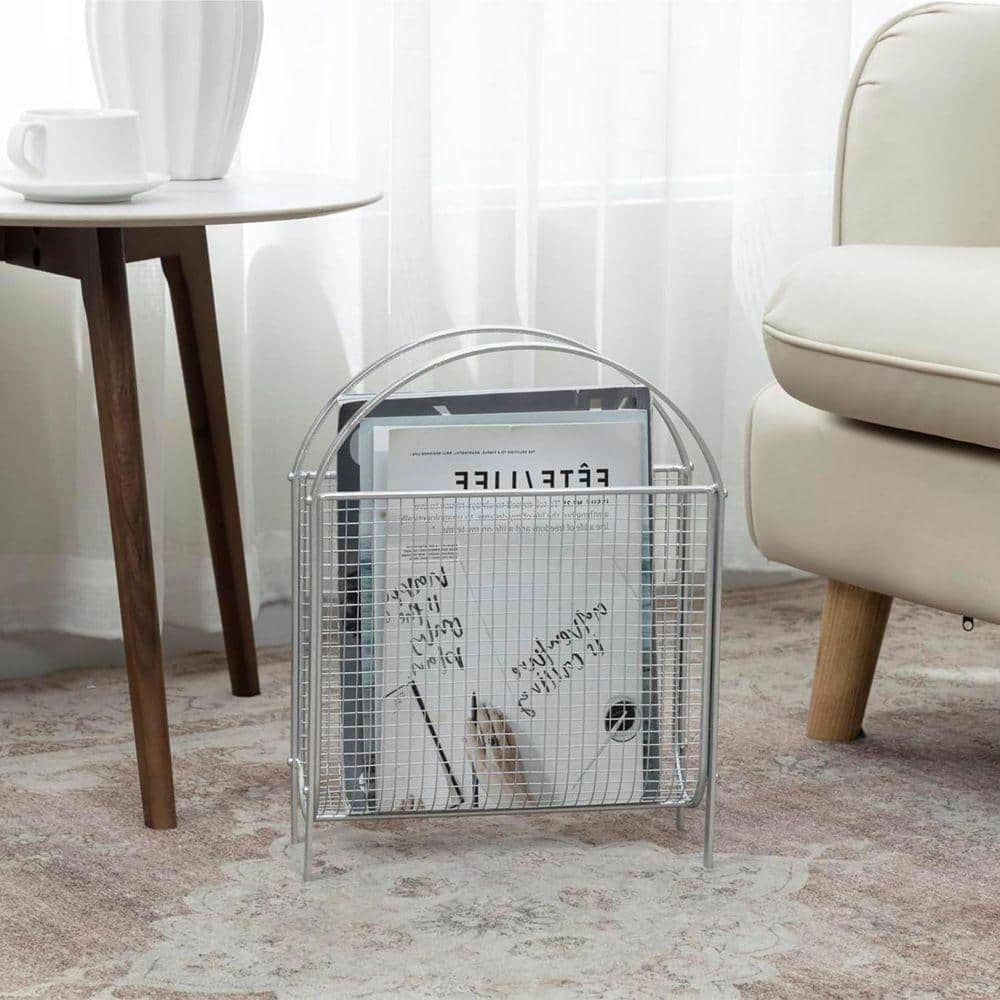 Silver 11.5 in. x 15 in. Metal Freestanding Magazine Rack