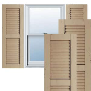 12 in. x 24 in. Rustic Two Equal Louver Knotty Pine Faux Wood Shutters Pair, Primed Tan