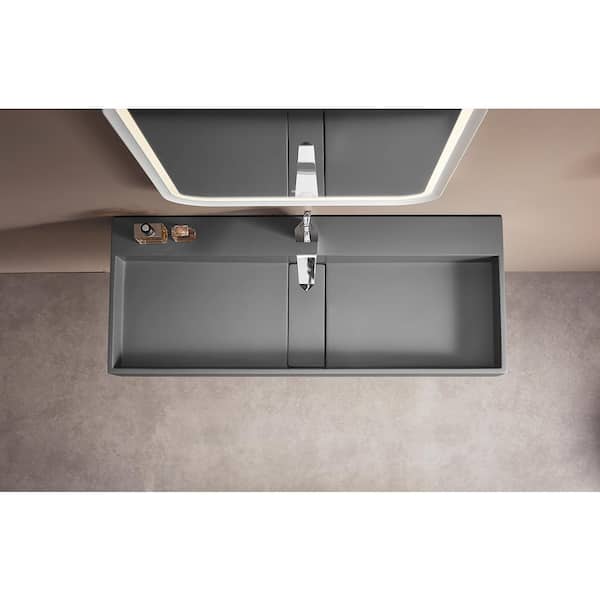 32 in. Wall-Mount or Countertop Bathroom Hidden Drain Sink with Single Faucet Holes in Matte Gray