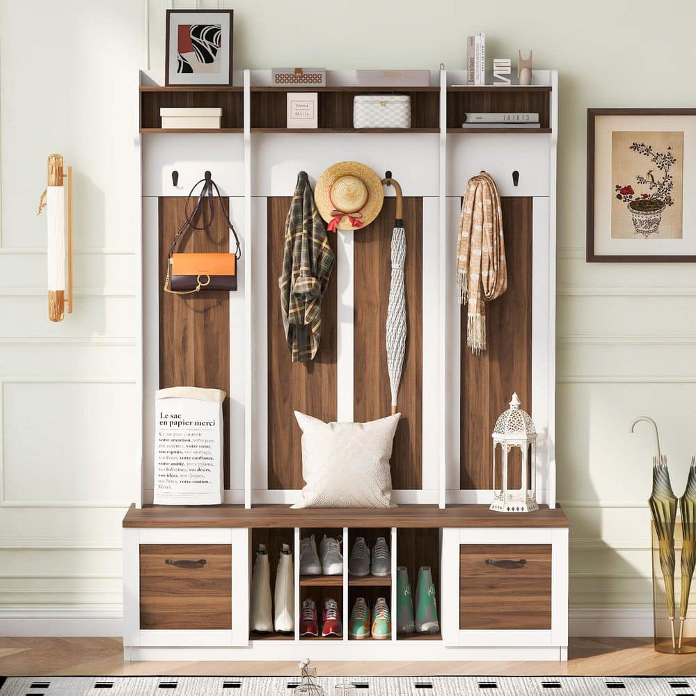 Seafuloy Brown + White 58.8 in. Wide Entryway Bench with Coat Rack