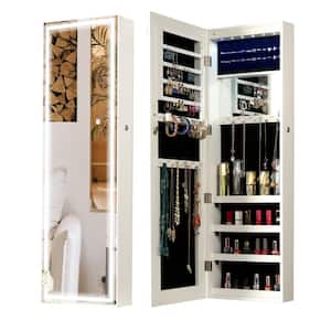 White MDF 4 in. W x 14.3 in. L x 43.3 in. H Wall-Mounted Mirror Jewelry Armoire with LED Light