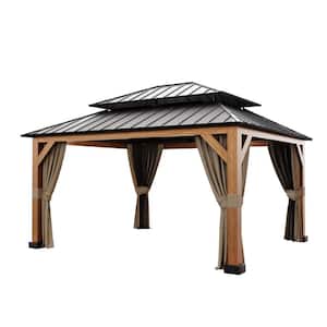 15 ft. x 13 ft. Wood Grain Aluminum Gazebo with Double Steel Roof, Ceiling Hook, Mosquito Netting and Curtains
