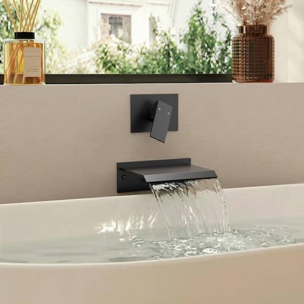 Wall Mount Waterfall Spout Roman Tub Faucet 8.4 GPM with Valve, Single Handle Bathtub Faucet in Matte Black
