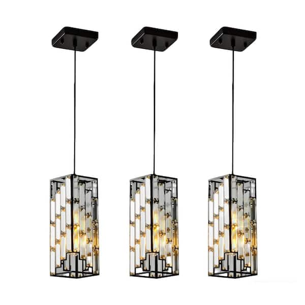 Crisora 4 in. 1-Light Black Finish Modern Crystal Prism Design Pendant Chandelier for Dining Room,Kitchen Island(3 Pack)