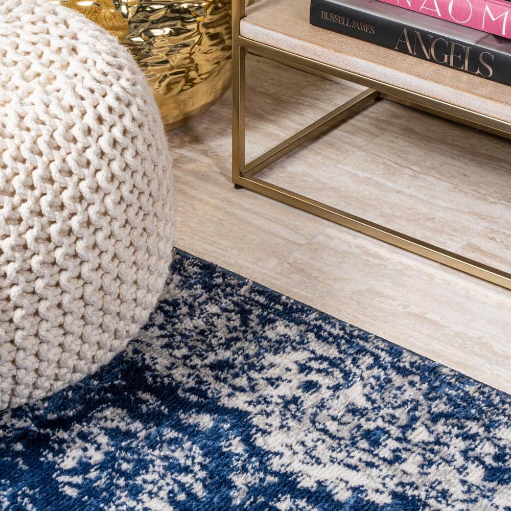 Modern Persian Navy & Ivory Synthetic Area Rug - Easy Care