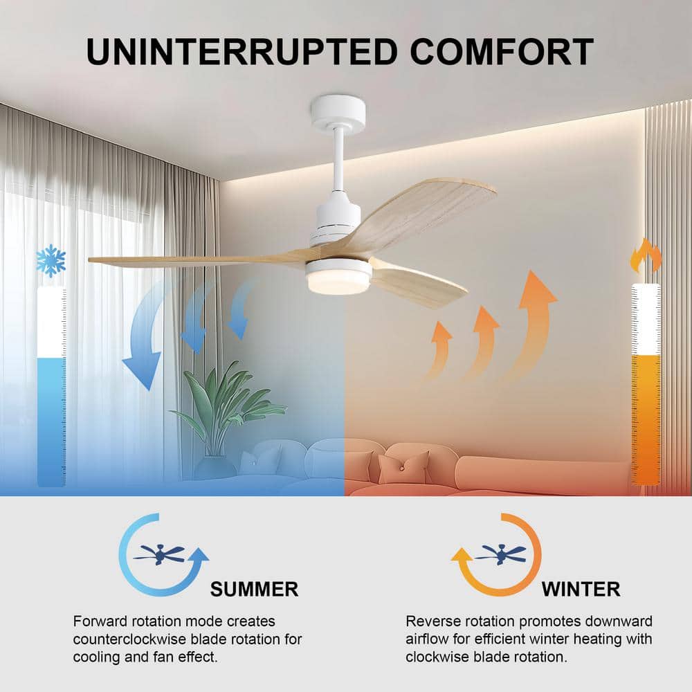 52-Inch White and Natural Wood Ceiling Fan with LED Light and Remote