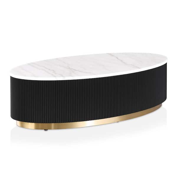 Keith 50 in. Black and White Oval Marble Top Coffee Table with Gold Accent Reeded Plinth Base