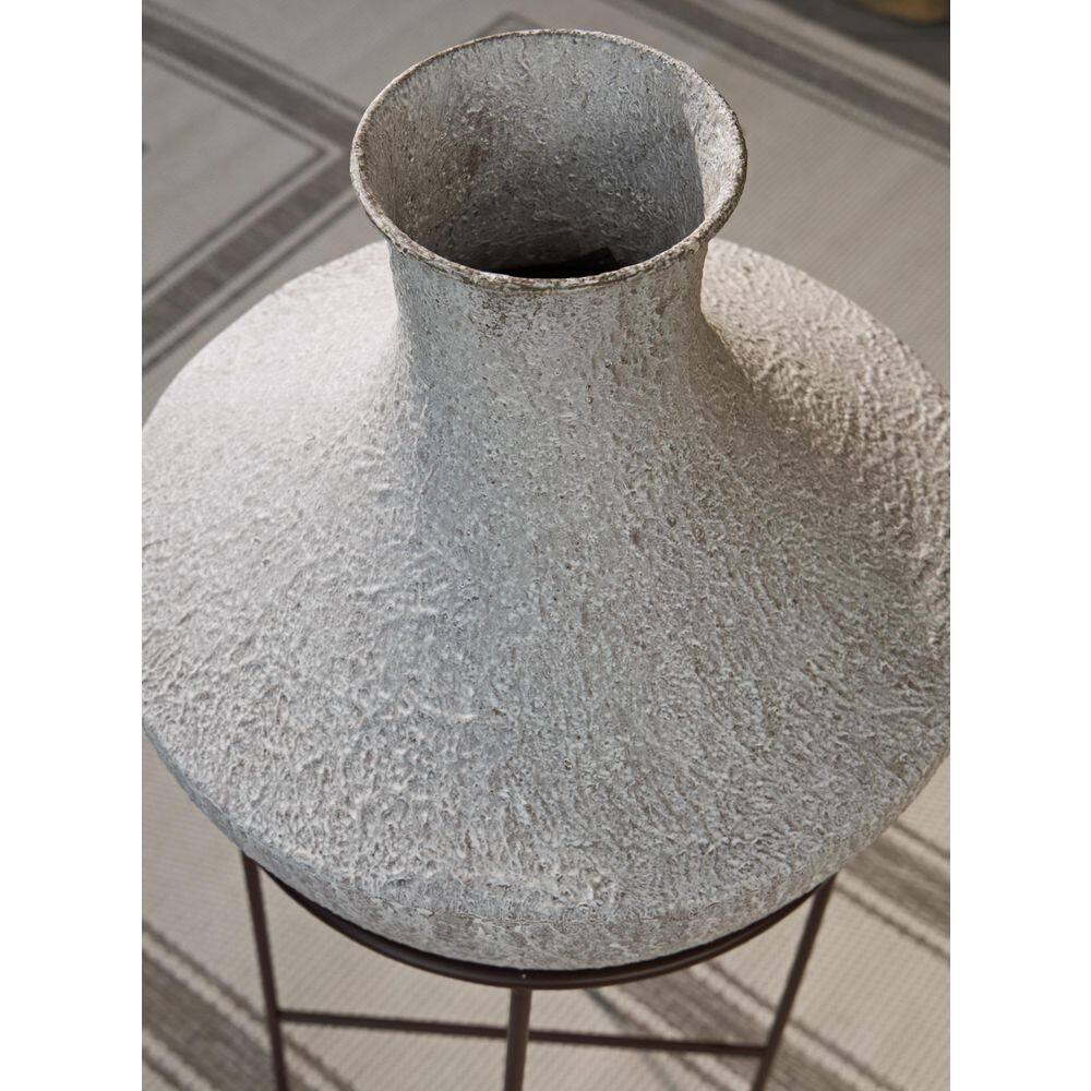 Distressed Cream Metal Floor Vase with Espresso Brown Stand