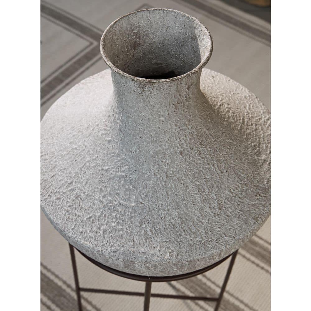 Distressed Cream Metal Floor Vase with Espresso Brown Stand