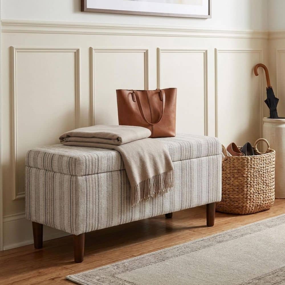 Gray Striped Pattern Fabric 36 in. Bedroom Bench Backless with Storage