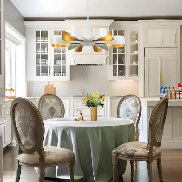 Contemporary 31.4 in. 6-Light White and Gold Chandeliers, Artistic Round Bedroom Chandelier Lighting with Petal Shade