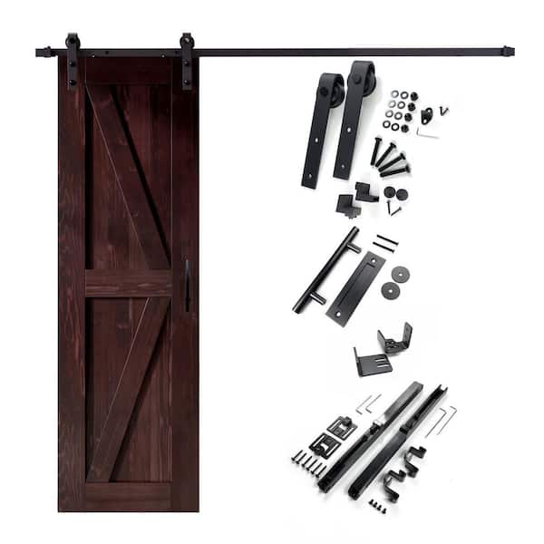 HOMACER 26 in. x 84 in. K-Frame Red Mahogany Solid Pine Wood Interior Sliding Barn Door with Hardware Kit, Non-Bypass