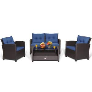 4-Piece Wicker Outdoor Patio Conversation Set Rattan Furniture Set with Navy Cushions and Tempered Glass Coffee Table
